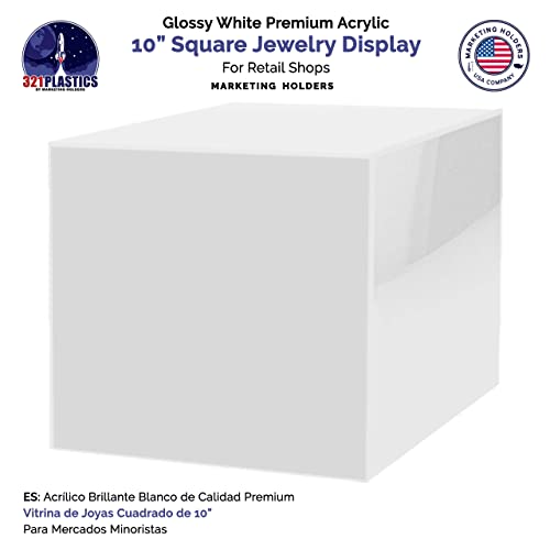 Marketing Holders 10 Inch Acrylic Display Riser Box No Lid White Square Retail Product Riser One Open Side Merchandise Storage Box Flippable Cubby for Expos and Tradeshows