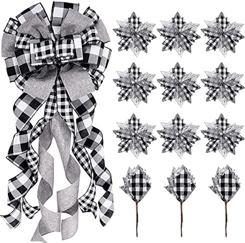 Syhood 13 Pcs Christmas Bow Tree Topper Set Black White Buffalo Plaid