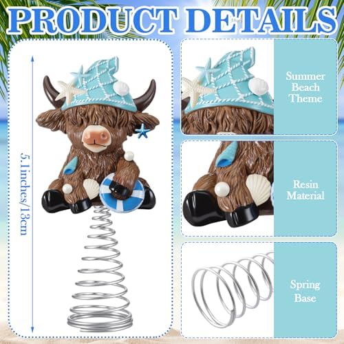 Gejoy Summer Coastal Highland Cow Miniature Tree Topper, 5.1 Inches Mini Resin Beach Cow Figurine Treetop with Seashells Starfish Sandcastle & Metal Spring for Tiered Tray Decor, Calf Lover Gifts
