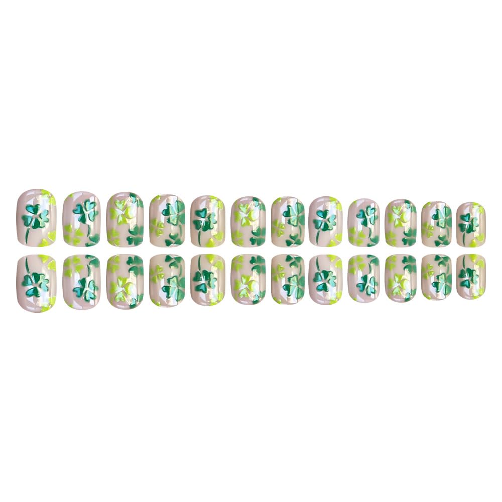 St. Patrick Press on Nails Short Square Green Fake Nails with Four-Leaf Clover Designs Glossy Full Cover Stick on Nails Spring Reusable Acrylic Nails Cute False Nails for Women Girls Manicure Kit