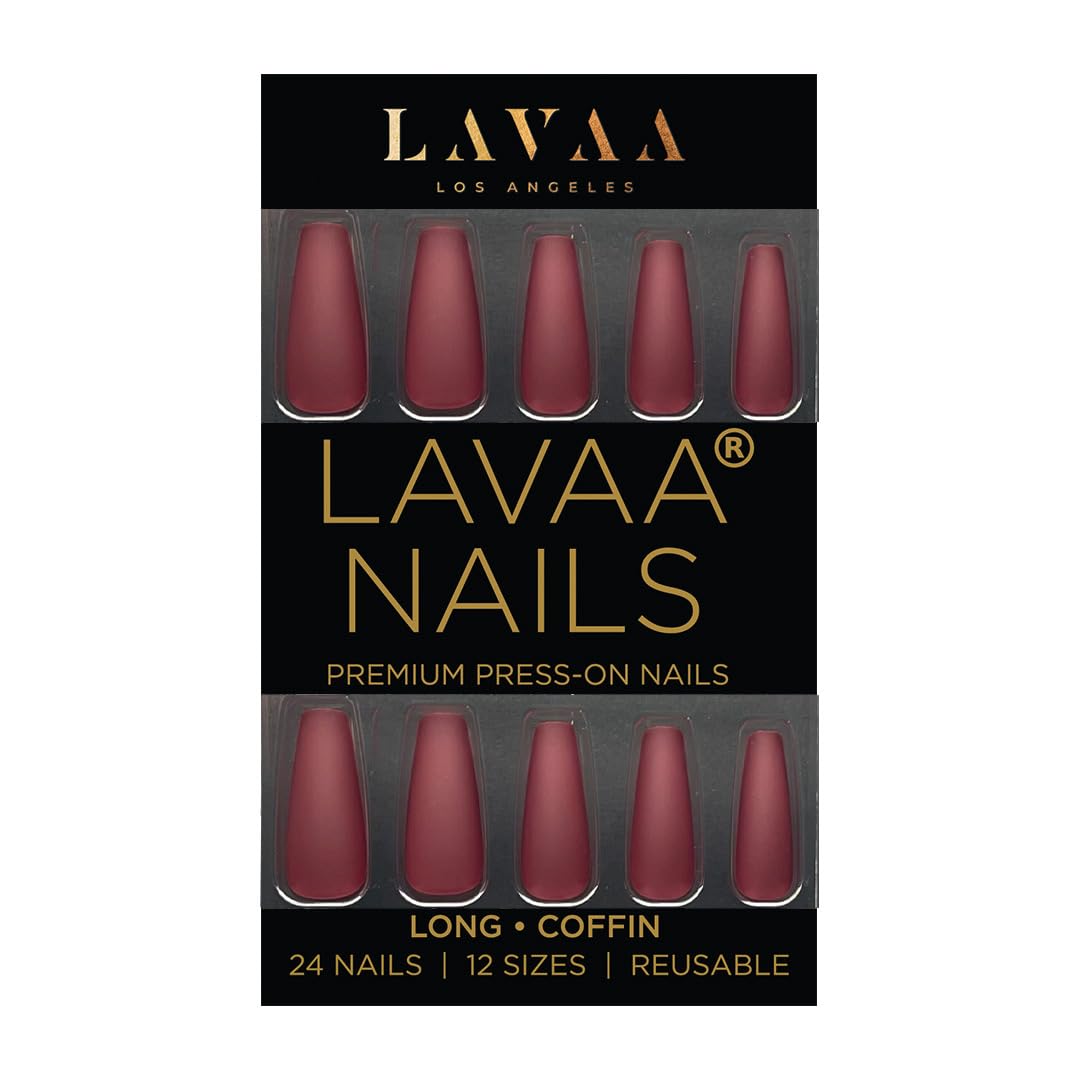 BURGUNDY COFFIN Press-On Nails by Lavaa Beauty | Long Coffin | Matte Burgundy Coffin Nails