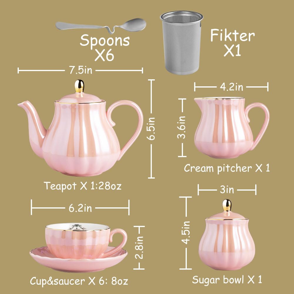 Sweejar Porcelain Tea Sets British Royal Series, 8 OZ Cups& Saucer Service for 6, with Teapot Sugar Bowl Cream Pitcher Teaspoons and tea strainer for Tea/Coffee (Coral White)