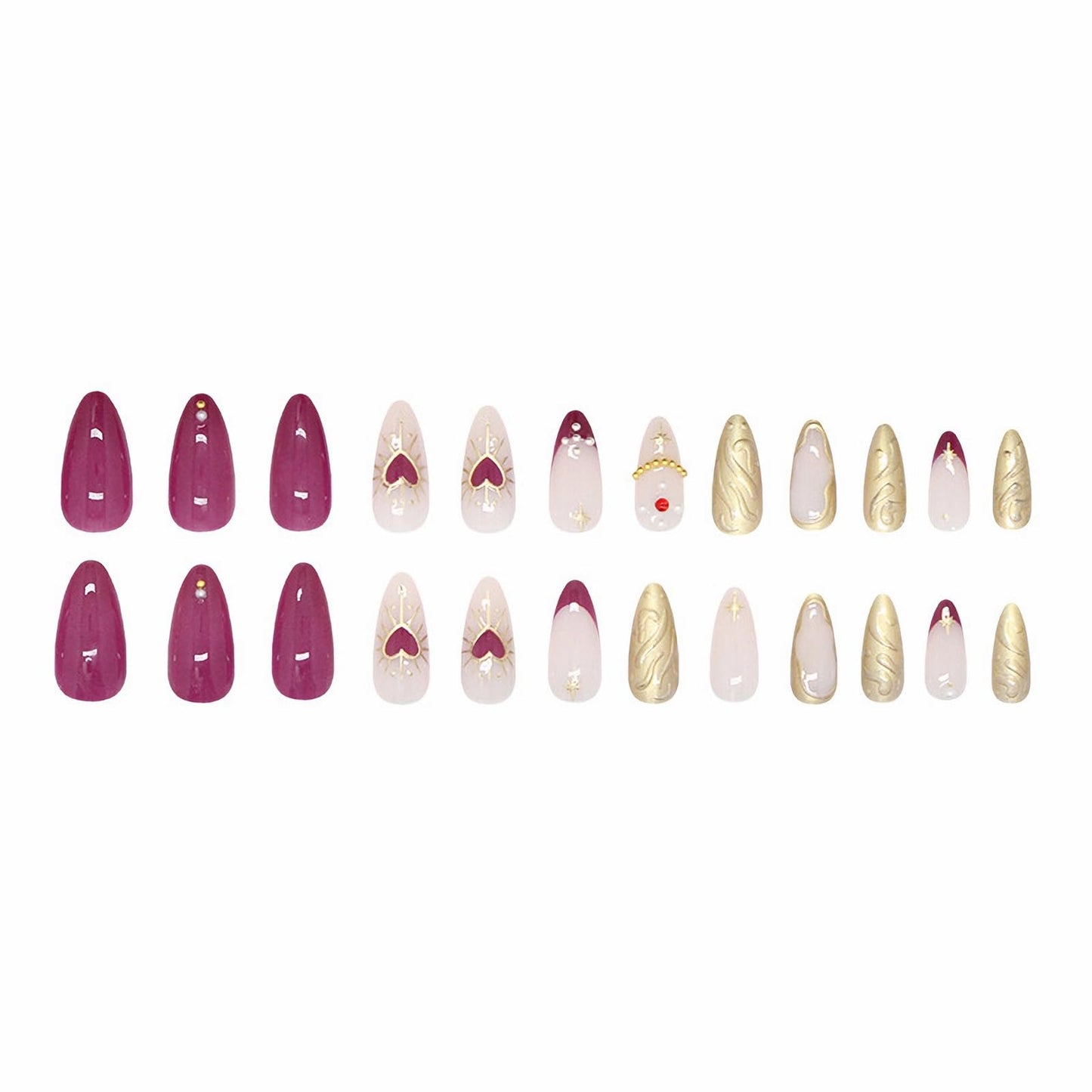 MISUD Press on Nails - Medium Almond Fake Nails with Purple French Tip, Acrylic Gold Chrome Design 24 pcs