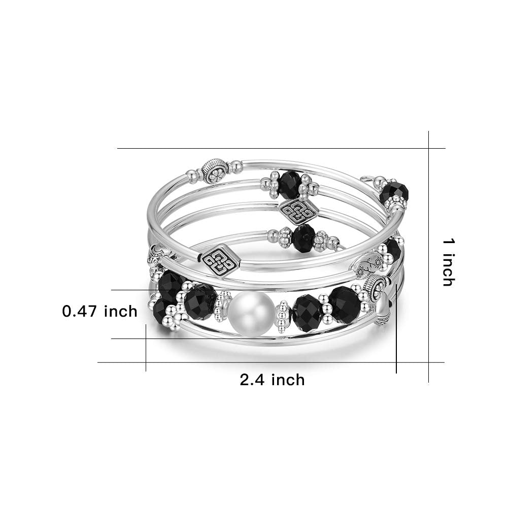 BULINLIN Bead Wrap Bangle Pearl Bracelet - Silver Metal Bracelet Gifts For Women(04-Black)