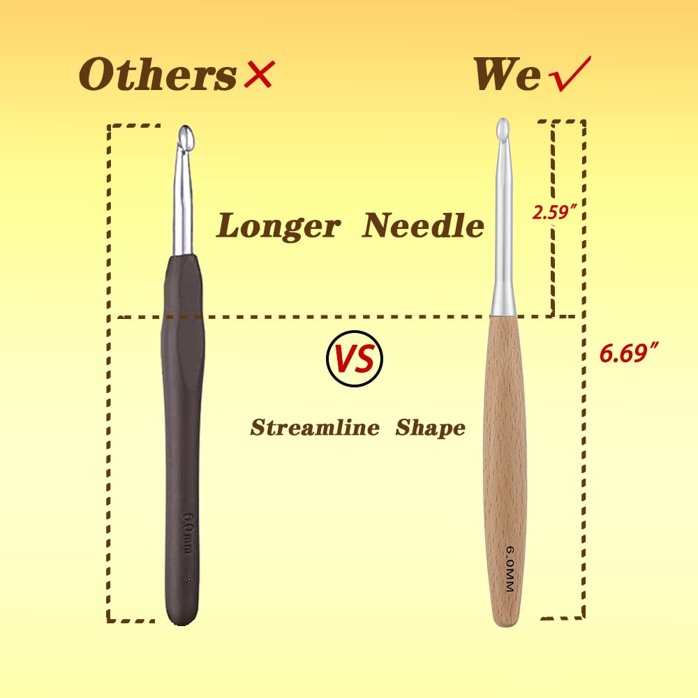 Yarniss Beech Wood Crochet Hooks Set with Case,Ergonomic Handle Crochet Hooks Set 3.0mm~6.0mm