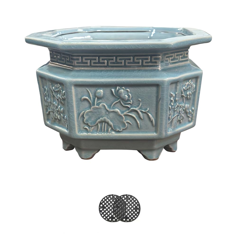 HUOMUSIR 8-Inch Large Octagon Bonsai Pot Light Blue Water Glaze Bonsai Tree Ceramic Flower Pot Handmade