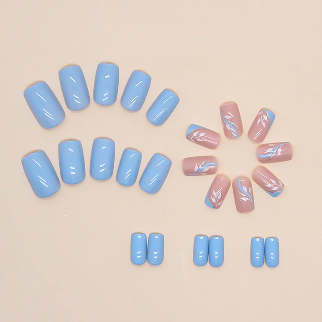 RikView Square Press on Nails Medium Acrylic Nails Blue Nails Glossy Nails for Women 24 PCS