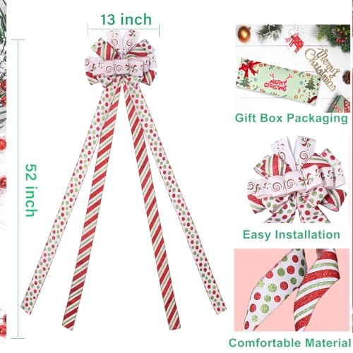 Christmas Tree Topper Wreath Bow Large Green Christmas Bow Tree Topper with Red Green Red Stripes Candy Patterned Gift Bows for Xmas Holiday Home Thanksgiving Indoor/Outdoor Decoration 52"x13"