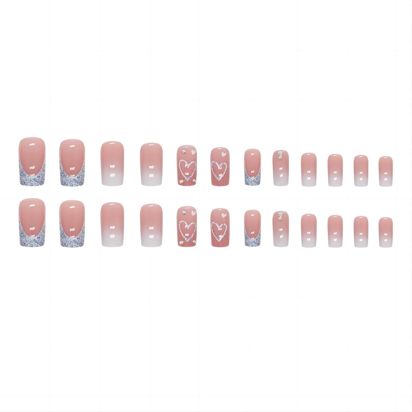RUOKEXIN Heart Press On Nails Medium Square Fake Nails Glitter Glossy Acrylic False Nails with Rhinestones Designs Ombre Pink Full Cover Press Ons Fall Winter Holiday Stick on Nails for Women 24Pcs