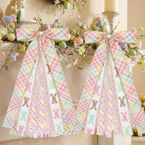 Suncalla 2 Pcs Easter Colorful Rabbits Ribbon Bow for Wreath Front Door