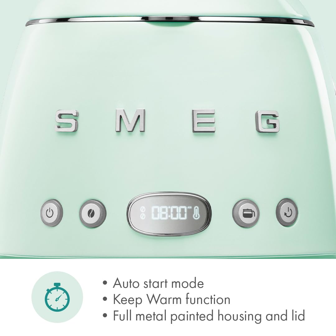 Smeg 50's Retro Style Aesthetic Drip Coffee Machine with 10 Cup Glass Carafe, Auto Start Feature, Keep Warm Plate, and Two Coffee Strength Settings (Pastel Green)