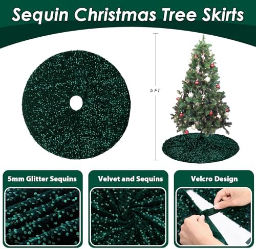 36 Inches Sequins Christmas Tree Skirt Emerald Green Small Velvet Tree Skirts Mats for 4ft Xmas Tree Decorations Living Room