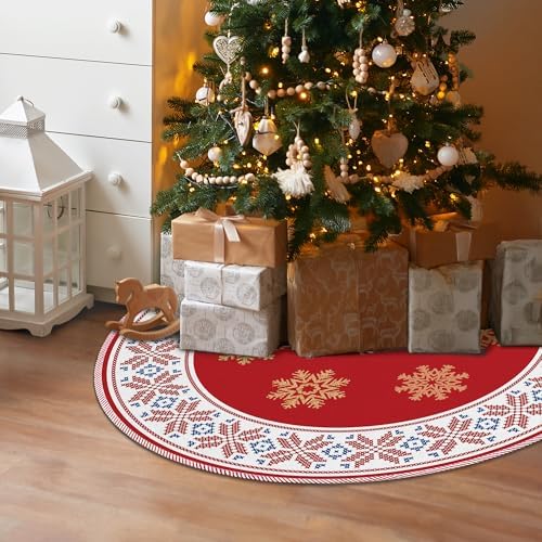 Red Christmas Tree Skirt 36 Inch, Red Christmas Decorations, Winter Xmas Snowflake Reindeer Tree Skirt for Home Xmas Party Winter Holiday Decor
