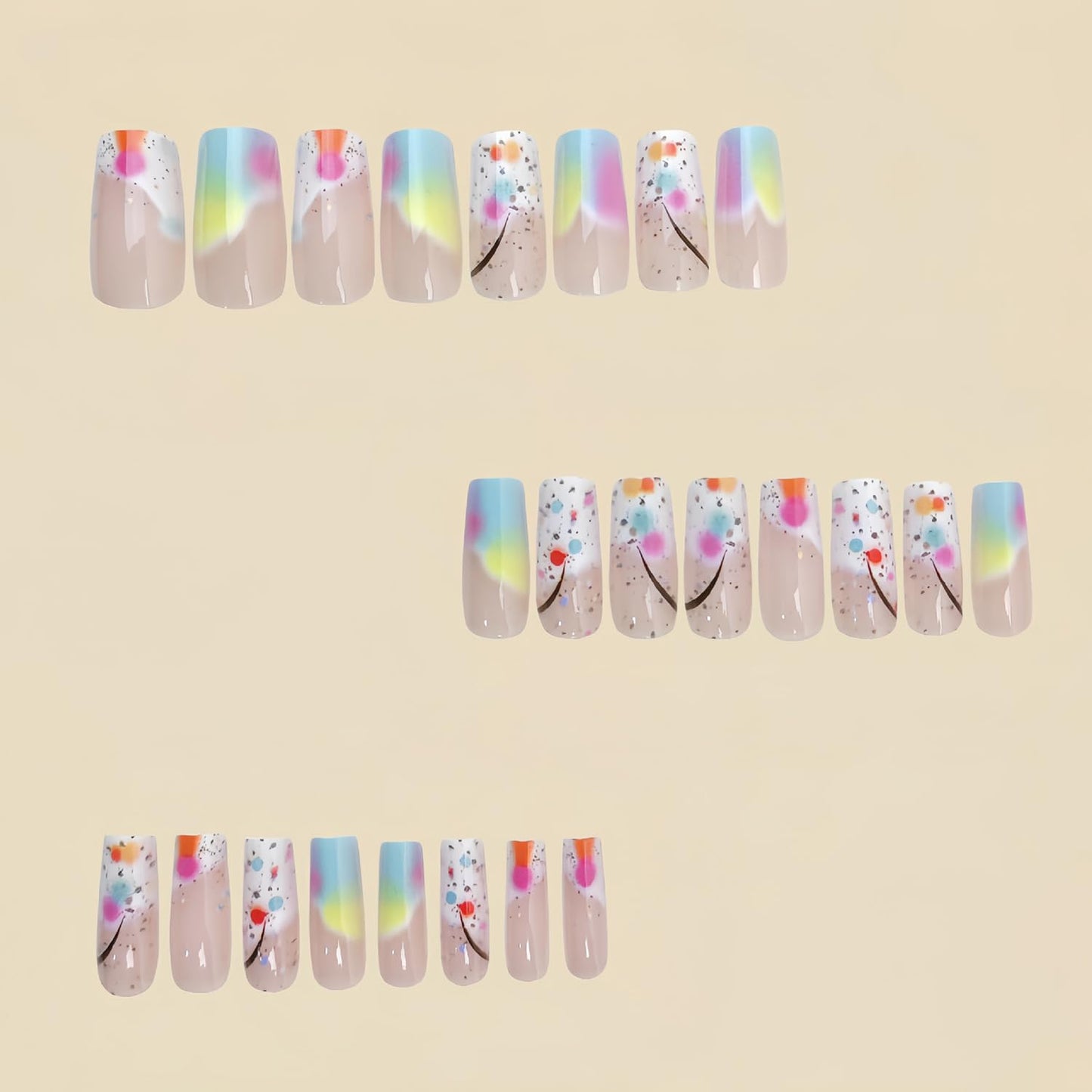 TBRZTR Press on Nails Medium Length Square False Nails Colorful Gradient Acrylic Nails Full Cover Artificial Coffin Nails Press Nails with Design Acrylic Smudge Nails 24Pcs Glue on Nails for Women