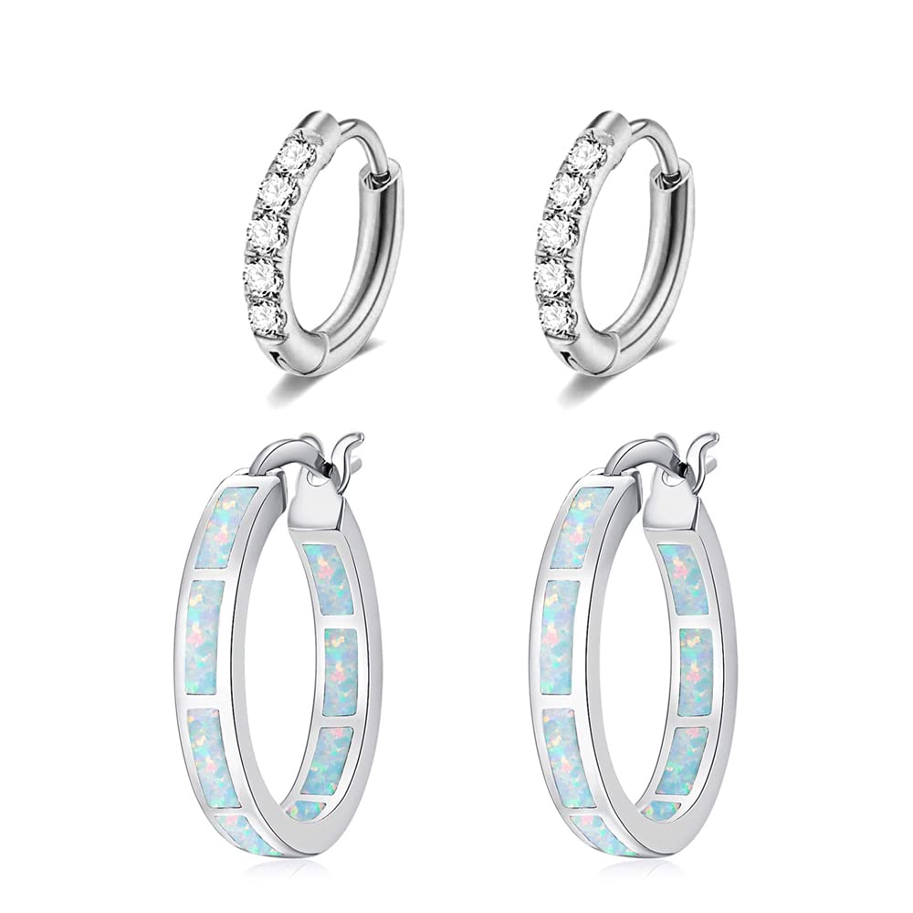 CiNily 2 Pairs Hoop Earring Set for Women Silver Plated Opal Small Hoop Earring Hypoallergenic Cubic Zirconia Tiny Earrings