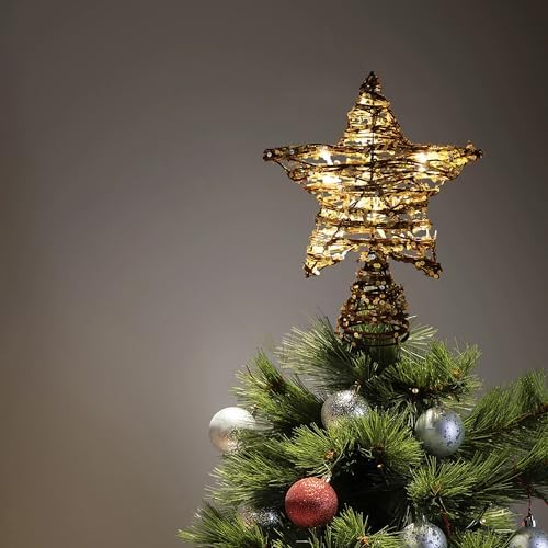 CVHOMEDECO. Rattan Star Christmas Tree Topper with LED Lights, Rustic Farmhouse Style Tree Toppers Ornaments, 8 x 10 Inch
