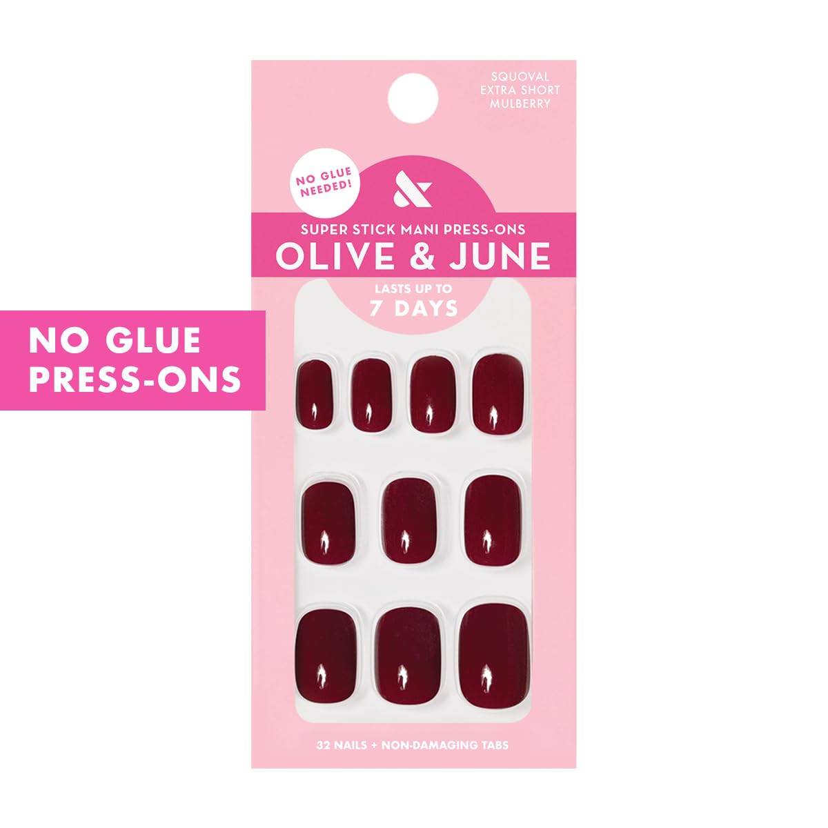 Olive & June Classic Super Stick Mani Press On Nails | No Glue Needed | 32 Tab Nails 16 Sizes | Non-Toxic Tabs Easy On-Off Non-Damaging Realist Look 7-Day Wear | Extra Short, Squoval | Mulberry Maroon