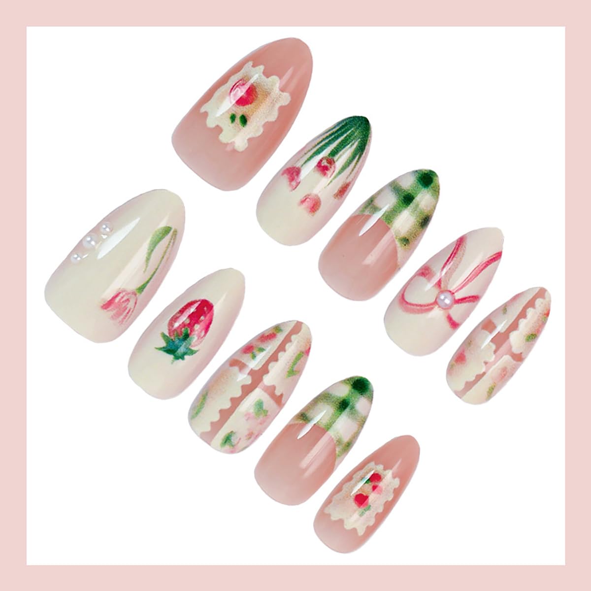 30Pcs Spring Press on Nails Medium Almond Fake Nails with Small Flower Strawberry Full Cover Cute Glue on Nails Green French Tip False Nails Bow Acrylic Nails Pink Artificial Stick on Nails for Women