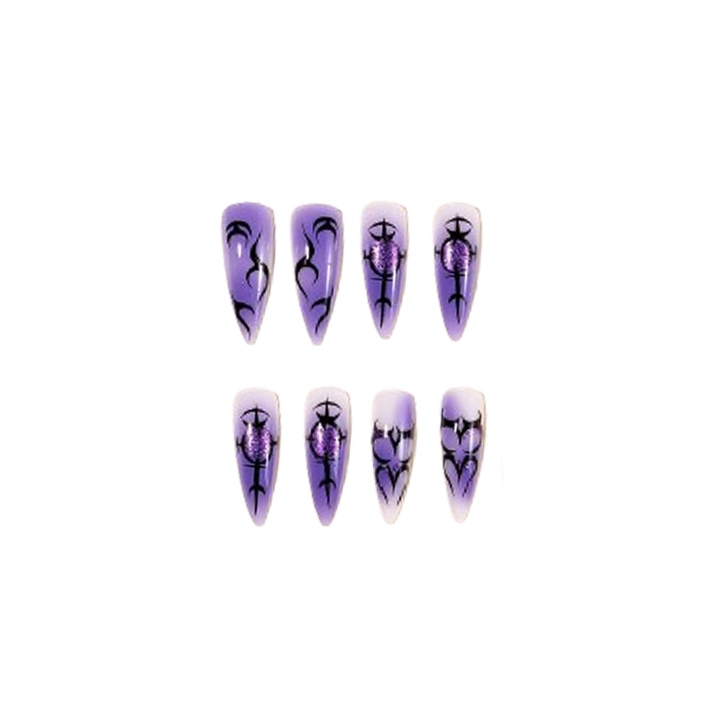 SINHOT Stiletto Press On Nails - Long Fake Nails, Glossy Finish, Purple Ombre & Black Pattern, DIY Nail Art - 24 Pcs Nail Kit with Glue