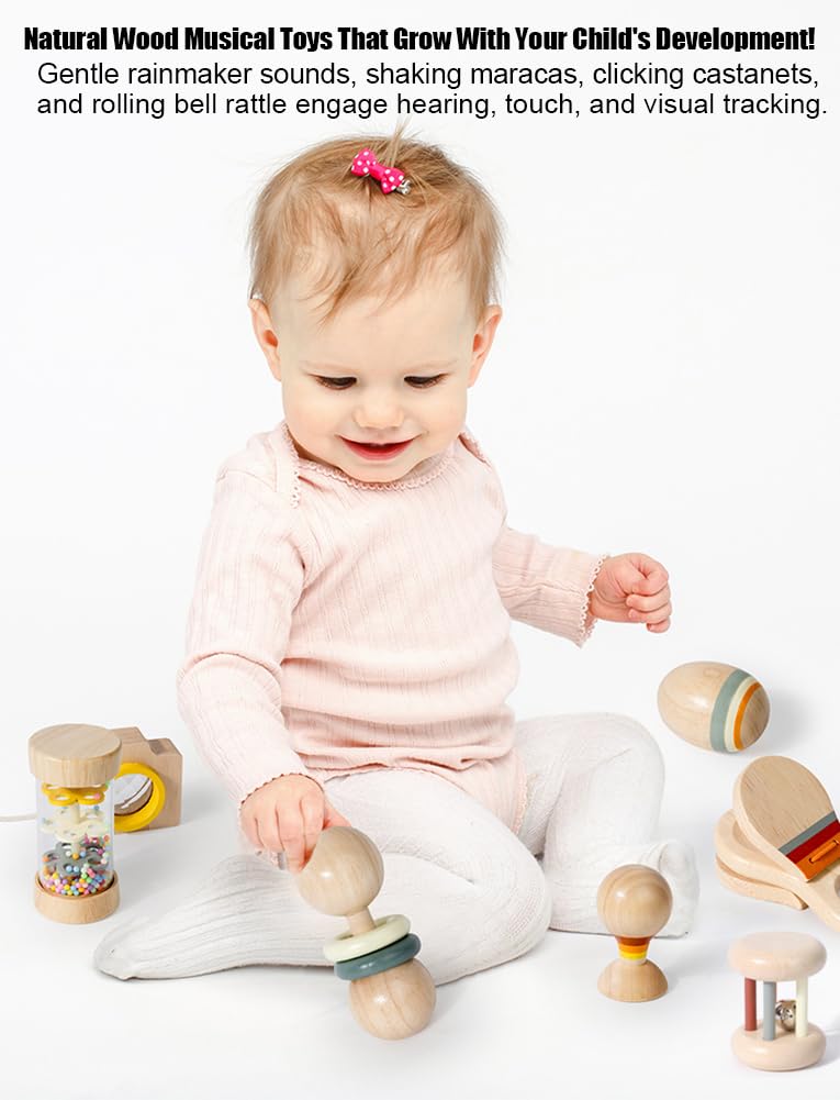 Wooden Baby Rattle Musical Set Montessori Toys for Infants 0+ Months - Rainmaker, Egg Shaker, Maracas, Ring Rattle, Bell Roller Rattle, Castanets, Kaleidoscope, Newborn Sensory Play Gift