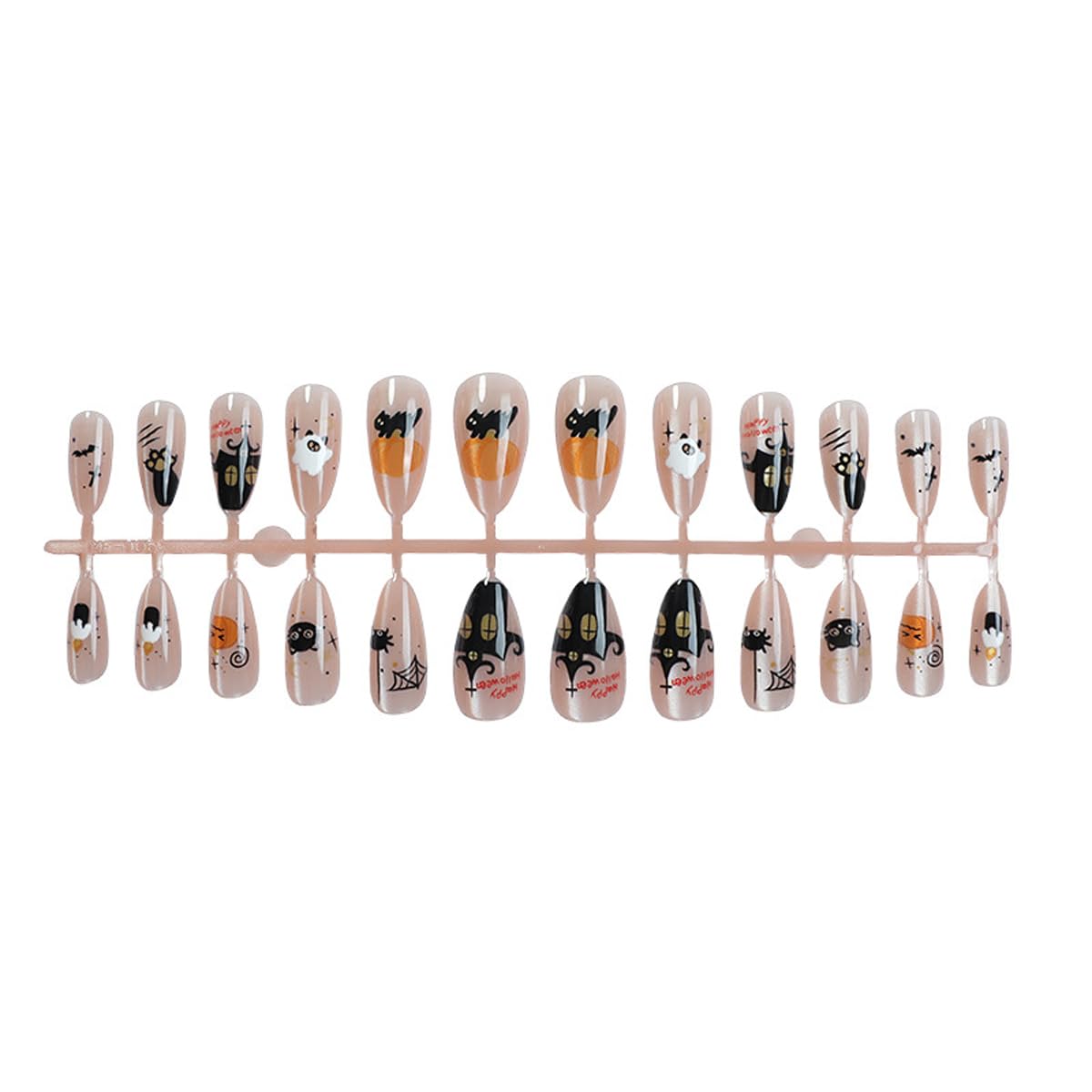Halloween Press on Nails Medium Nude Fake Nails Spooky and Cute False Nails Press ons with Pumpkin,Ghost,Bat,Cat Designs-Reusable Artificial Nail Full Cover Stick on Nails for Women Manicure 24Pcs