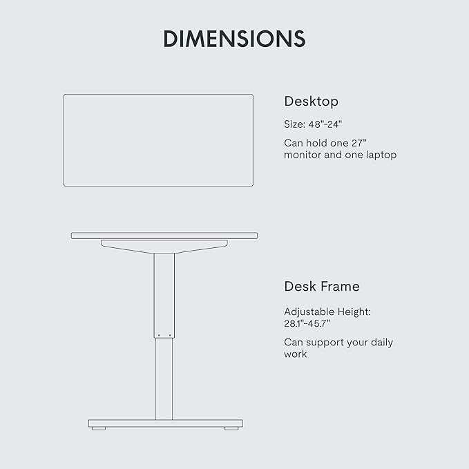 FLEXISPOT EN1 Whole-Piece Standing 48 x 24 Inches Height Adjustable Electric Desk Sit Stand Desk Home Office Desks (Black Frame + White Table Top, 2 Packages)