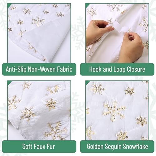 Mr. Pen White Faux Fur Christmas Tree Skirt, 36 inches, Gold Snowflakes