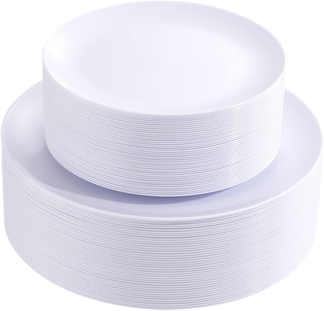 PULOTE 100PCS White Plastic Plates Disposable - Heavyweight 50 White Dinner & 50 Dessert/Salad Plates for Wedding, Party