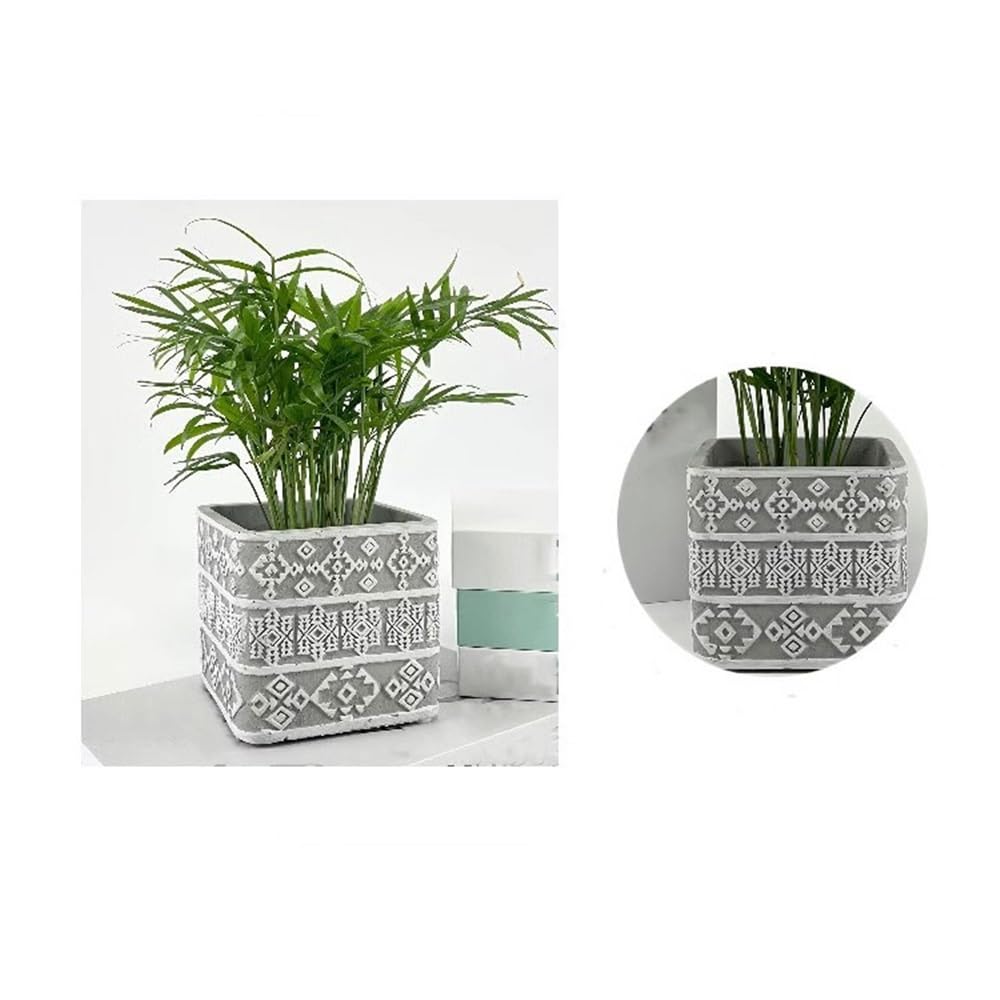HFlexY5G Flowerpot Square Shaped Flower Pot with Drainage Holes, Grey Background White Embosse Pattern Cement Plant Pot, for Balcony Living Room Bedroom Pots for Plants(Large)