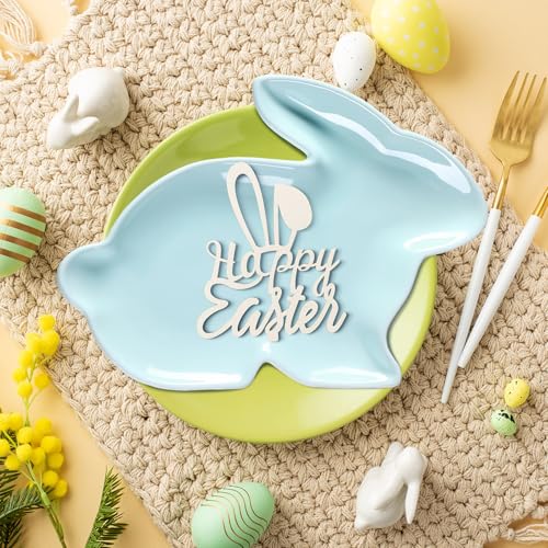 Jinei 4 Pcs Easter Bunny Shaped Plates Ceramic Serving Candy Dishes Rabbit Dinner Tray Salad Dessert Appetizer Plates Dinnerware for Easter Party Spring Garden Tea Party Supplies((Blue) - color: Blue