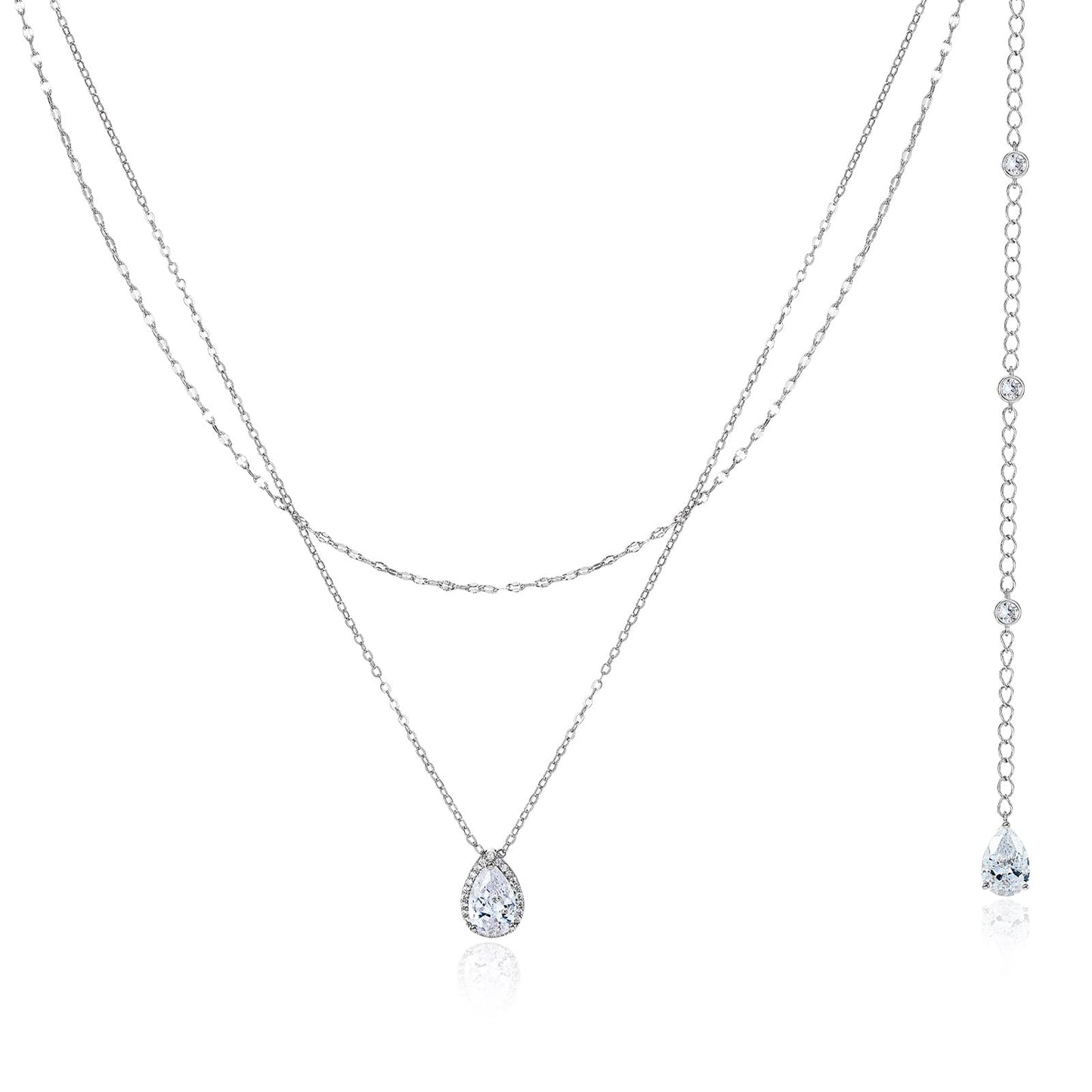 SWEETV Teardrop Wedding Back Necklace for Bride Bridesmaids, Silver Cubic Zirconia Simple Back Pendant Bridal Necklace for Wedding Party