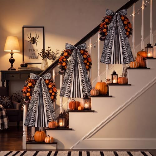 Suncalla 2 Pcs Halloween Black Spider Web Ribbon Bow for Wreath Front Door