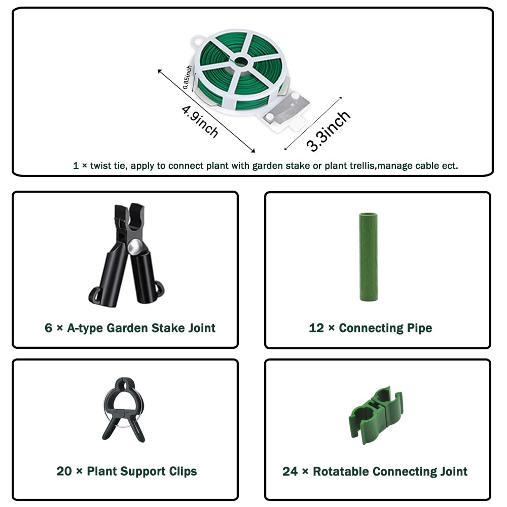 Garden Trellis Support Kit - Plant Clips & Stake Connectors, 7/16" Stake Extensions & Pipe Fixings