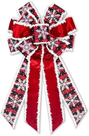 Large Christmas Bow for Wreath Red Velvet Bows Snowflake Plaid Tree Topper Bow for Front Door Christmas Holiday Indoor Outdoor Wall Decoration