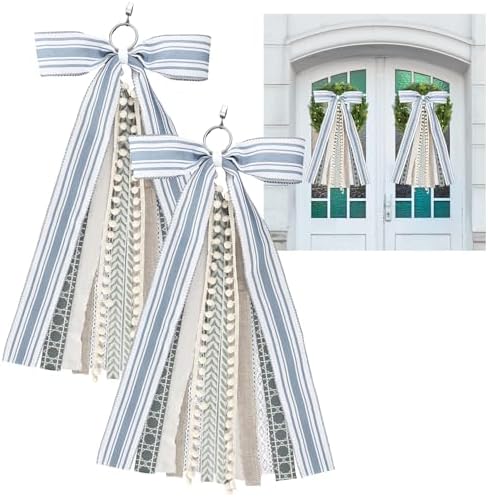 Suncalla 2 Pcs Grayish Blue and Ivory Ribbon Bow for Wreath Front Door