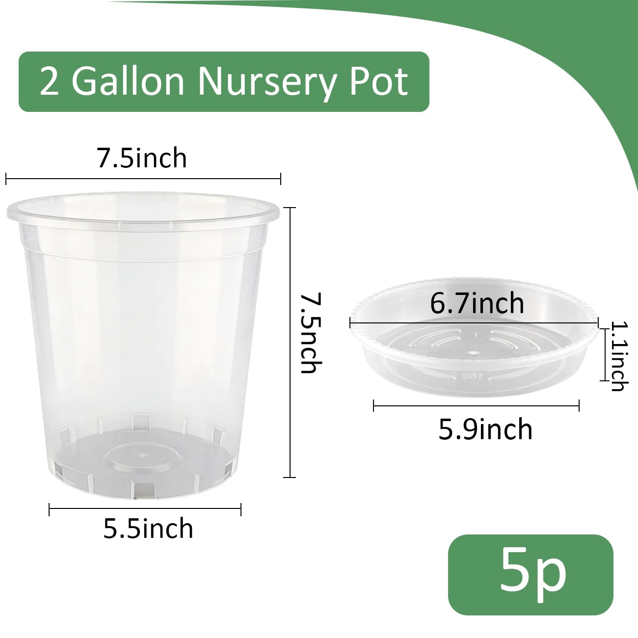 BTPLASTIK 2 Gallon Clear Nursery Pots with Saucers 5P, 7.5 Inch Round Plastic Plant Pots with Drainage Holes
