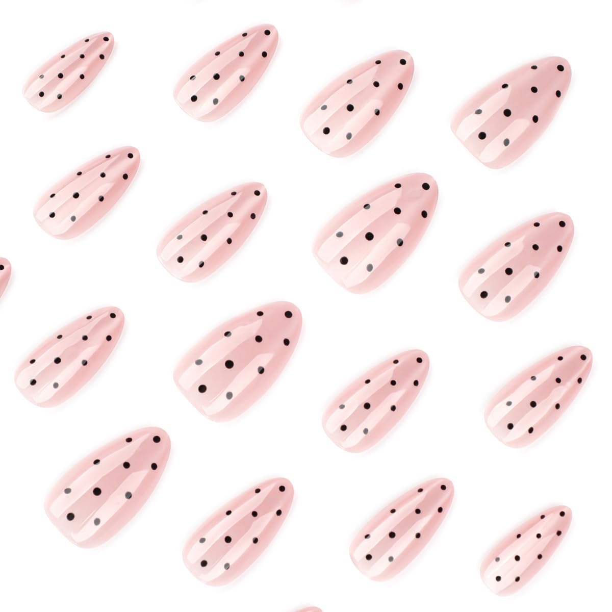 Medium Almond Press on Nails Polka Dot Fake Nails Pink Glass Nails Press ons with Black Dots Design,Reusable & Easy Apply Full Cover Glue on Nails for Women Manicure 24Pcs