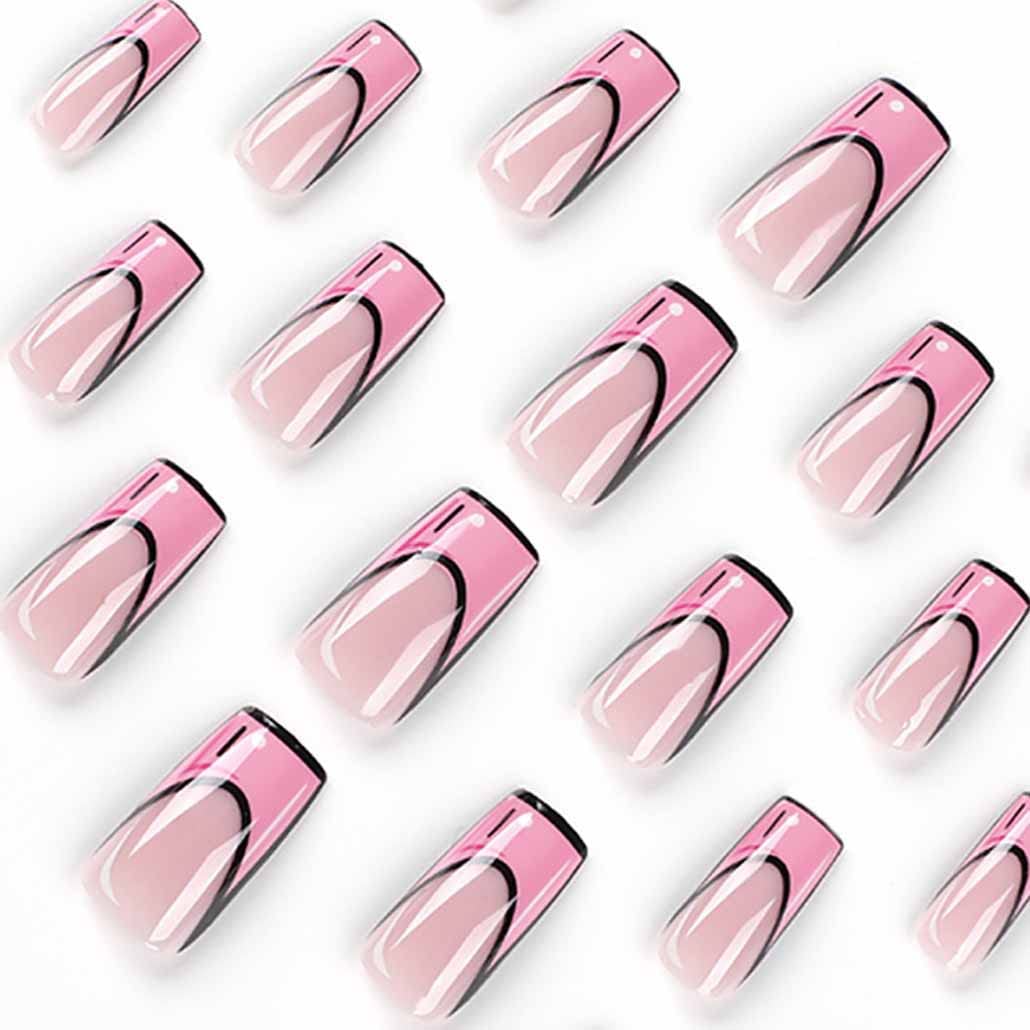 Foccna Pink Medium Long Press on Nails Comic, Acrylic Fake Nails Square French Cartoon Long False Nails,Artificial Nails for Women and Girls, 24 pcs