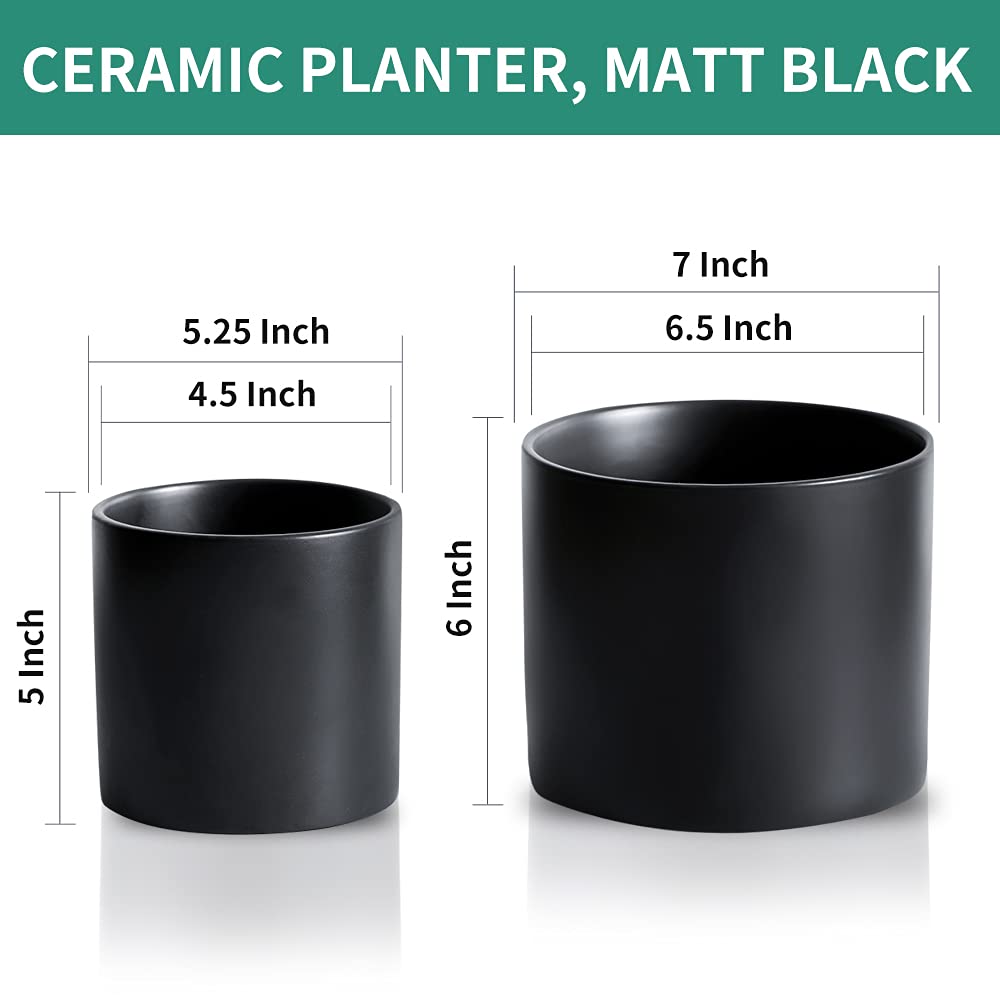 Nihow Flower Pot - 5 & 7 Inch Ceramic Planter Pots for Indoor Plants - Herbs/Snake/Succulent/Orchid Cylinder Plant Pot - Matte Black (Set of 2) - Plants not Included