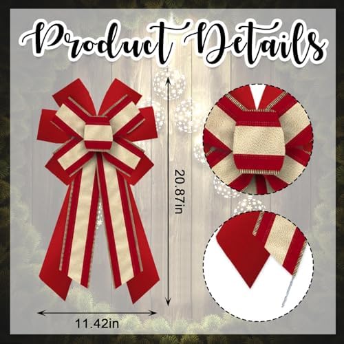 Hying Large Christmas Bows for Wreath, Christmas Wreath Bow Glitter Gold Red Velvet Bow Winter Xmas Tree Bows Ornaments for Front Door New Year Christmas Party Decoration Supplies