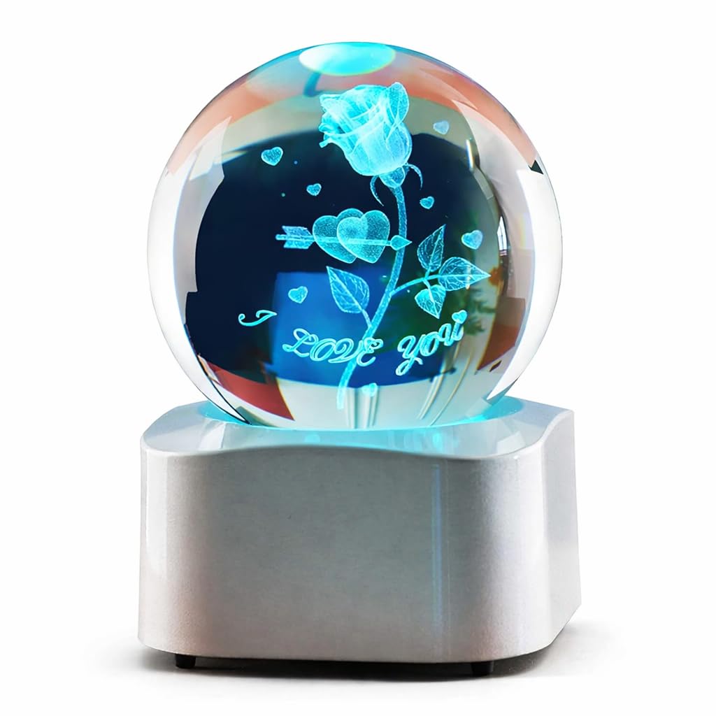 Zerelys Valentine’s Day Romantic Gift for Him Her -3D Rose Crystal Night Light Gifts for Girlfriend Wife Husband Couples Wedding Anniversary Birthday Keepsake with Automatic Rotating Light Led Base