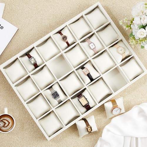 Henoyso 2 Pieces 24 Grid Velvet Watch Tray Jewelry Organizer Stackable Watch Bracelet Bangle Display Holder Adjustable Pillow(Beige) - color: Beige, size: 24 Grid