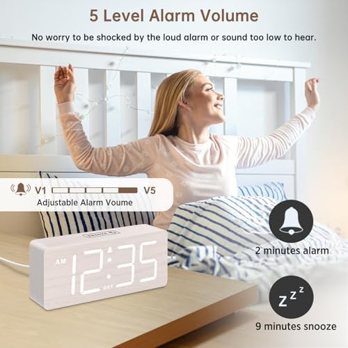DreamSky Wooden Digital Alarm Clock for Bedroom with Large Numbers | Desk Clock for Living Room Office, Loud Alarm for Heavy Sleepers Adults, Volume Control, Dimmer, DST, Wood Decor (Plug-in)