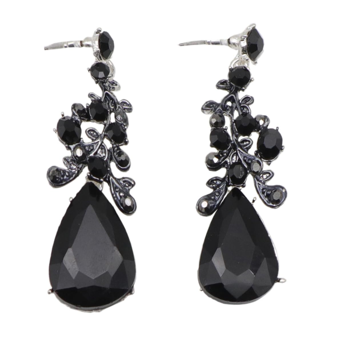 Qlavoca Vintage Crystal Teardrop Necklace Earrings Set - Gothic Statement Jewelry for Wedding Bridal Prom Party (Black Silver-Tone)