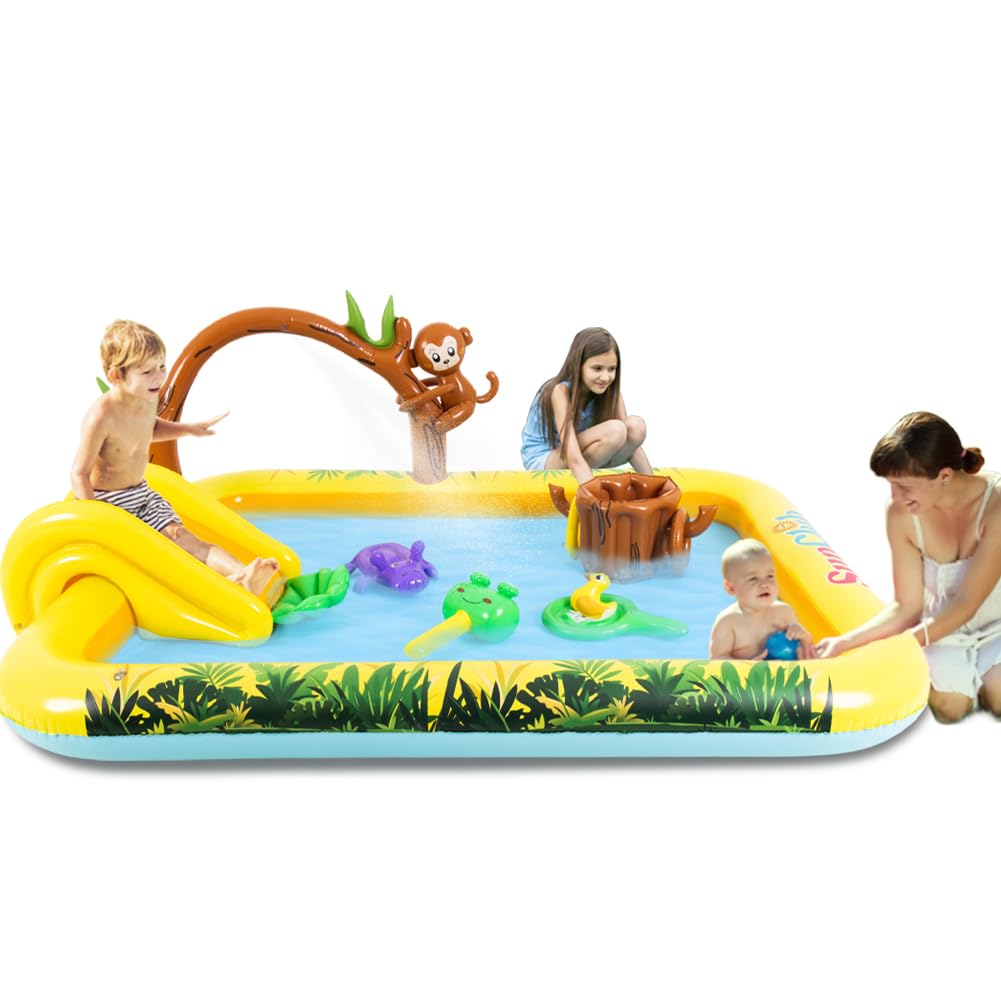 Inflatable Play Center, Inflatable Swimming Pool with Slide, Cartoon Animals Sprinkler Toy with Base Pool, Monkey, Tree Stump for Garden Backyard
