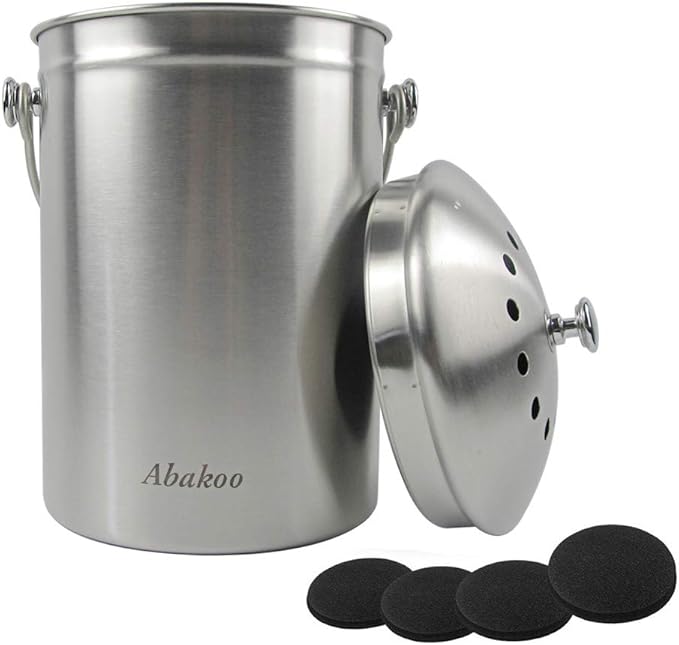 Compost Bin Countertop, Composter Bucket with Lid Abakoo 1.6 Gallon Stainless Steel Kitchen Waste Pail Plus 4pcs Bonus Charcoal Filters Clean & Odor Free