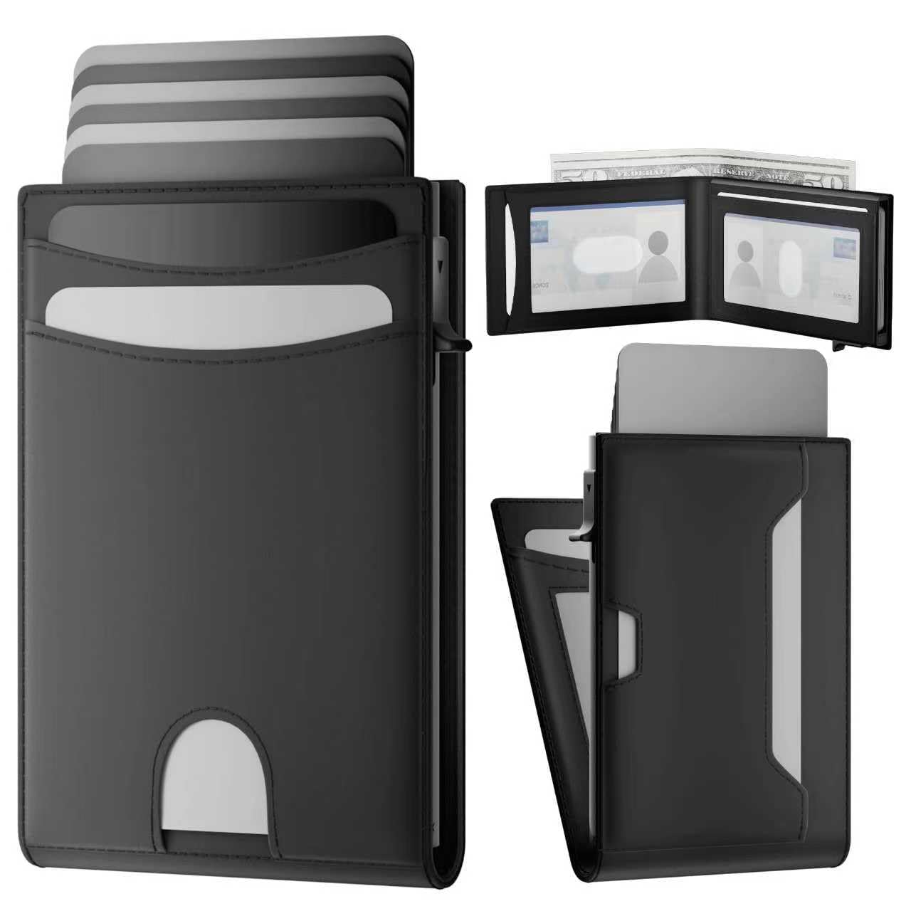 ERUSEHE Wallet for Men: Pop Up Card Case, RFID Blocking, Slim, Minimalist, Genuine Leather, Front Pocket, Smart, Thin, Compact, Magnetic Flap Closure - 2 ID Windows, Up to 12 Cards & 15 Bills (Black)