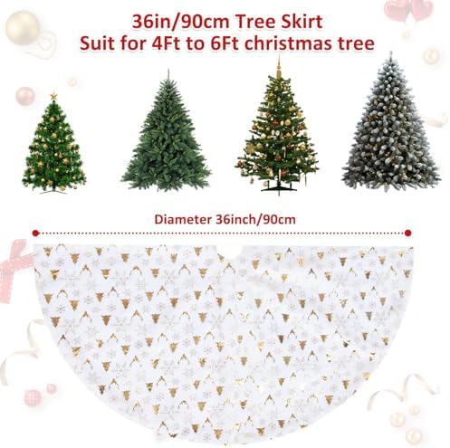 Christmas Tree Skirt 36 Inch with Snowflake Print, Faux Fur Xmas Tree Skirt for Christmas Tree Decoration & Holiday Home D??cor (White)