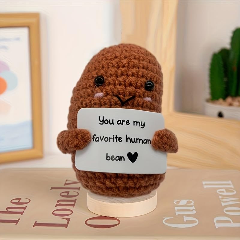 Funny Emotional Support Ornament, Creative Gift Handmade, Crochet Positive Bean Plush Doll with Motivational Message Card, Soft Yarn, 3x1.89 Inch, Desk Companion,Cute Doll,Positive Bean
