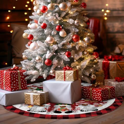 Christmas Tree Skirt, Gnomes Tree Skirts 48 Inch, Christmas Trees Decoration, Xmas Decor Mat for Indoor Outdoor, Xmas Skirts, Gnomes Holiday Decoration